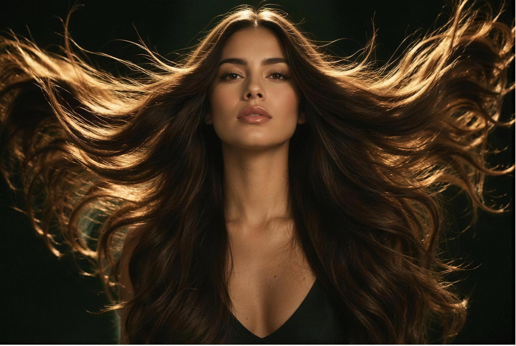 Modelo de New Look extendiendo su melena con herramientas térmicas como alas, luz azul de estudio