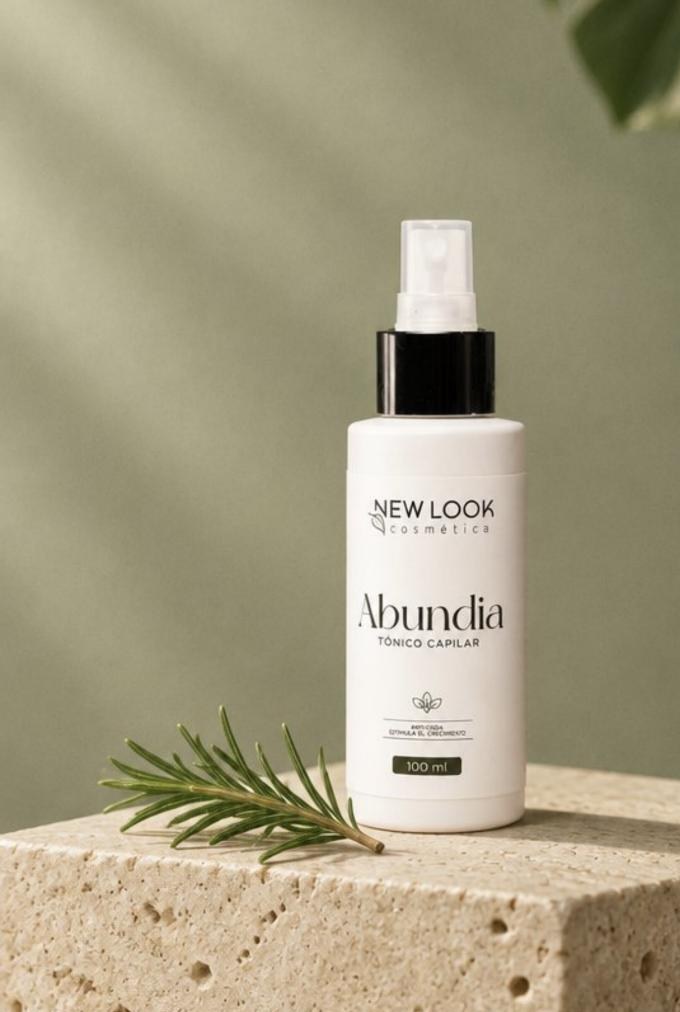 Abundia, tónico capilar en spray de New Look sobre pedestal con pared salvia