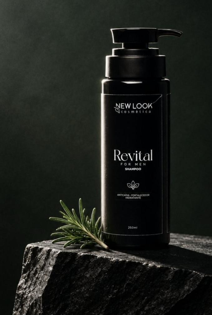 Revital For Men, shampoo negro con dosificador sobre piedra volcánica y fondo oscuro