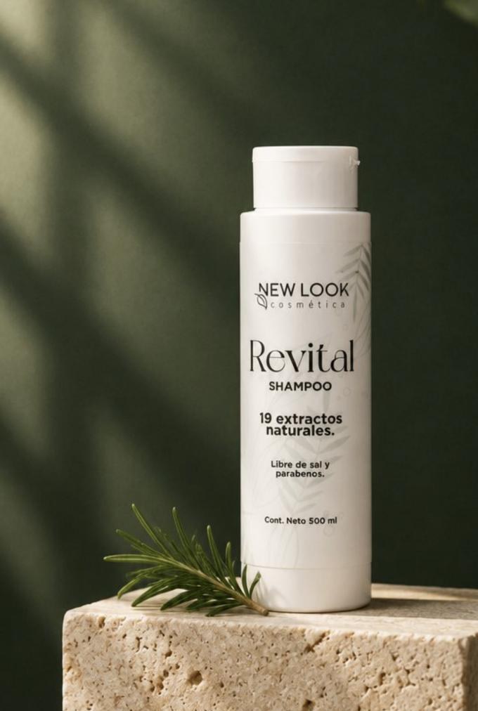 Shampoo Revital de 19 extractos naturales sobre pedestal de travertino con romero fresco