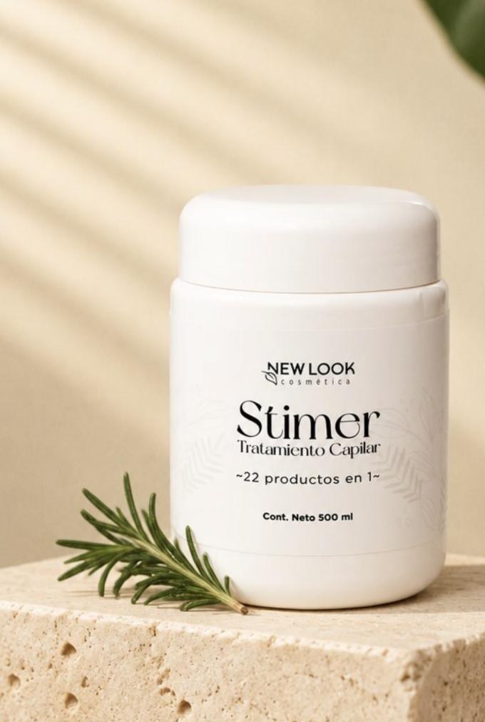 Stimer, tratamiento capilar 22 productos en 1, tarro blanco sobre travertino con romero