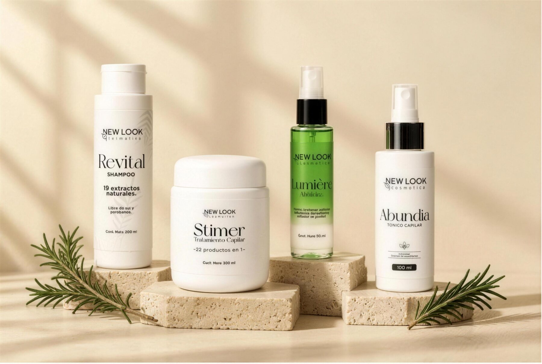 La familia de productos New Look reunida: Stimer, Lumière, Abundia y Revital